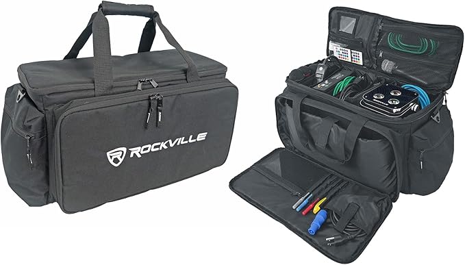 Rockville UT-BAG10 DJ Utility/Cable Bag, 10 Compartments, Padded Straps, Water-Resistant, Lockable Zippers, Perfect for DJs, Events, Gear & Cables