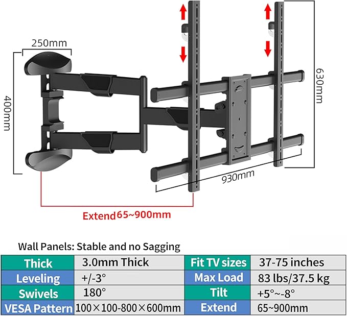 XinleTech 35 Inch Long Arm TV Wall Mount for 37-75 Inch TVs,Full Motion Corner Mount with Extension,±90°Swivel,Tilt&Level Adjust,Max VESA 800x600mm,Heavy-Duty TV Mount,XL-DY858S