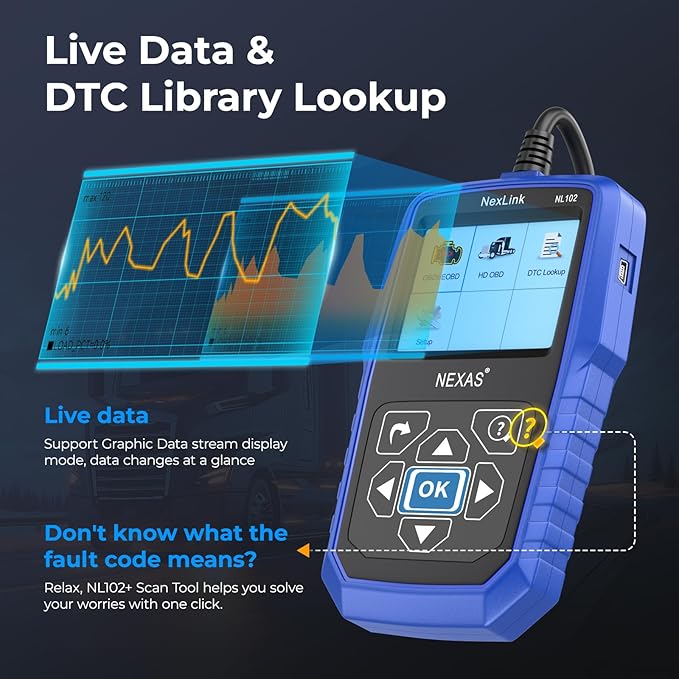 NEXAS Heavy Duty Truck Scanner NL102 Full System Diesel Truck Scan Tool for Cummins, Isuzu, Freightliner, Caterpillar, Detroit, Peterbilt, 2-in-1 Code Reader Read & Clear Fault Codes for Truck & Car