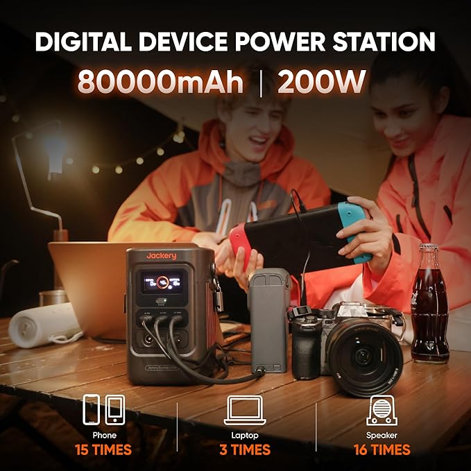 Jackery Explorer 240D Power Bank (80,000mAh), LiFePO4 Battery 256Wh Portable Power Station, USB-C Cable Included,200W DC Output,1-Hour Fast Charging, Compact for Outdoor Camping, Travel, Emergencies