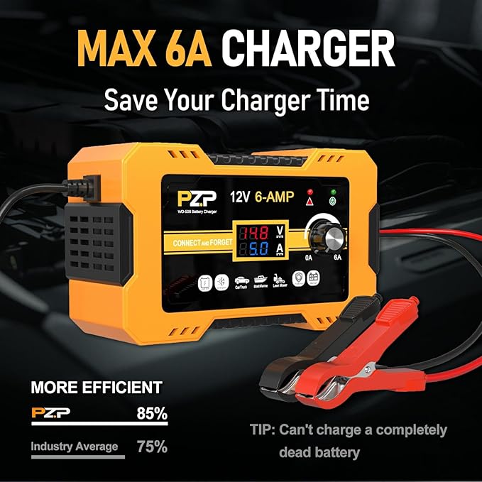 12V Automatic Car Battery Charger, 0-6A Arbitrarily Adjustable Smart Trickle Charger, Auto Desulfator with Battery Repair, Battery Maintainer with Winter Mode for AGM, Gel, Deep Cycle, Lead-Acid
