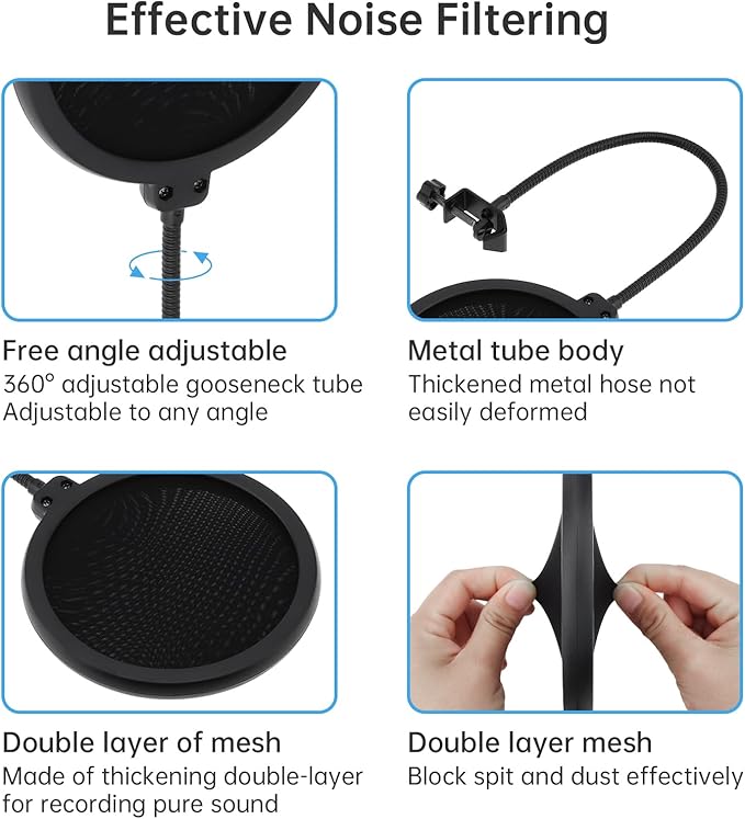 Anti-vibration Microphone Shock Mount for 46mm-50mm Condenser Microphones with Pop Filter for Broadcasting Studio Music Recording, Wind Pop Screen Flexible 360 Degree Gooseneck Clip Arm