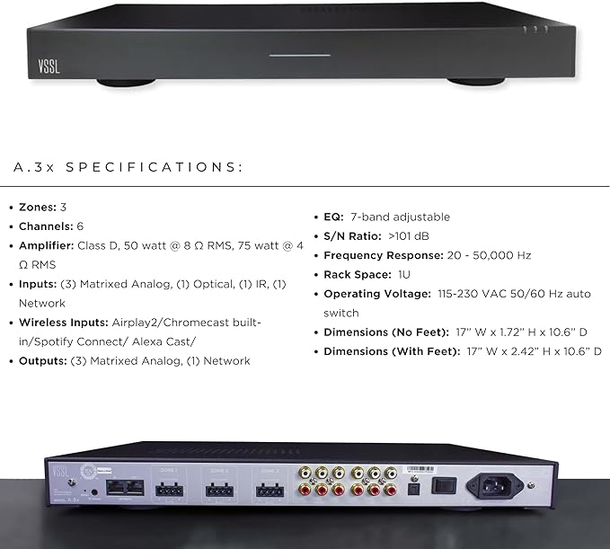 VSSL A.3X 6-Channel, 3 Zone, Audio Streaming Amplifier, Compatible with AirPlay 2, Chromecast, Amazon Alexa, Spotify Connect, Bluetooth| 6 Channel Whole Home Audio Amp | Multiroom Audio Controller