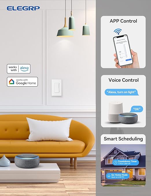 ELEGRP Smart Dimmer Light Switch DTR10, Single Pole Setup, 2.4GHz Wi-Fi Touch Dimmer Compatible with Alexa and Google Assistant, Needs Neutral Wire, No Hub Required, UL and FCC Listed, White, 1 Pack