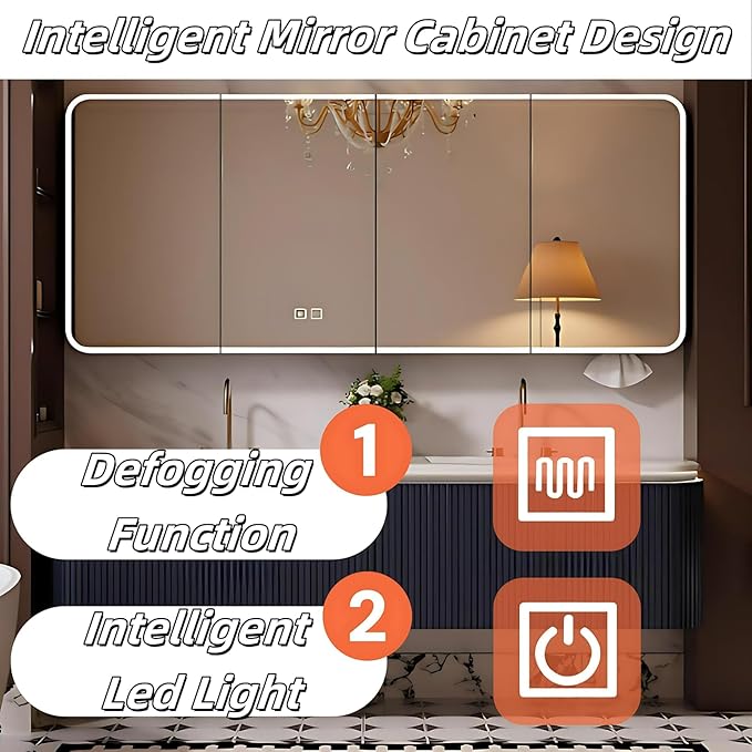 Bathroom Vanity with Double Sinks - LED Smart Defogging Mirror & Equipped with Tissue Hole | Modern Double Sink Bathroom Cabinet, 2 Drawers & Wavy Panel, Dark Blue (Mirror Cabinet, 68IN)