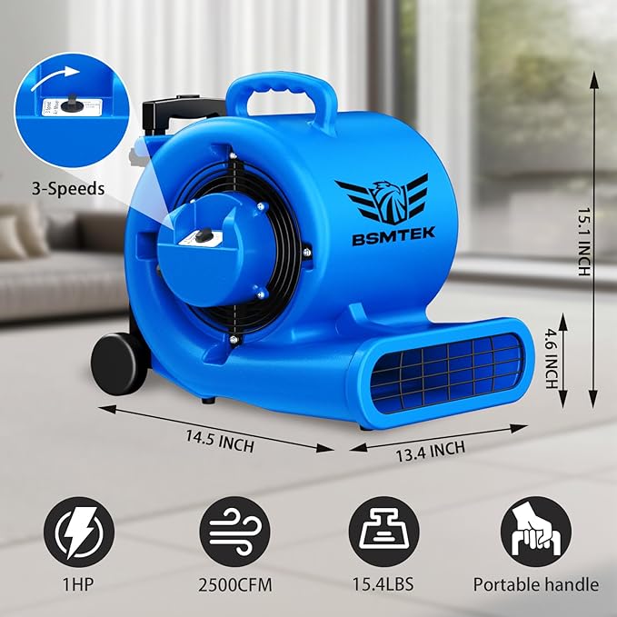 BSMTEK 5000 CFM 1HP Air Mover Blower Fan, Floor Blower Dryer - Timer for Industria, 3 Speeds, 4 Adjustable Angles, Handle Wheelkit, 15Ft Long Cord Portable, Stackable - 2026 Upgraded, Blue