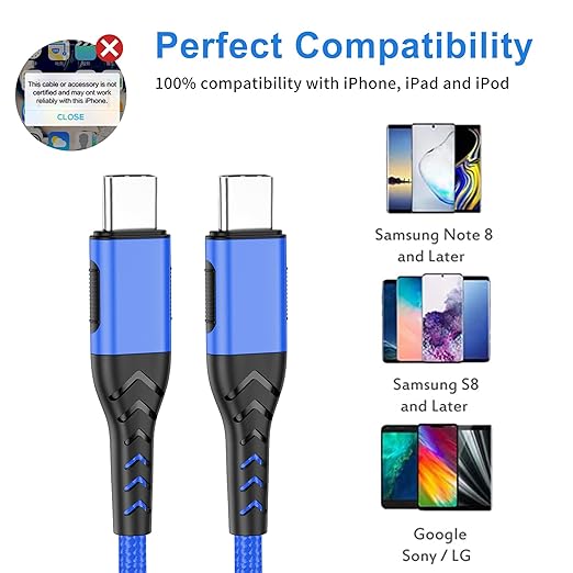 Durcord USB C Charger Cable Fast Charging, 2Pack 60W 10ft USB C to USB C Cable for Android Phone Pad, Type C to Type C Charger Braided USB Cable Compatible with iPhone 15 Pro/Plus/Max Blue