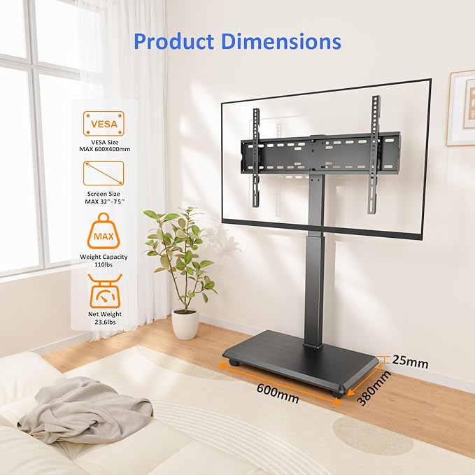 Afaloona Rolling TV Stand, Portable Mobile TV Stand for 32-75 Inch TVs up to 110 lbs, 18 Adjustable Heights, Max VESA 600x400mm, Rolling TV Cart on Wheels with Mount for Bedroom, Office, Outdoor