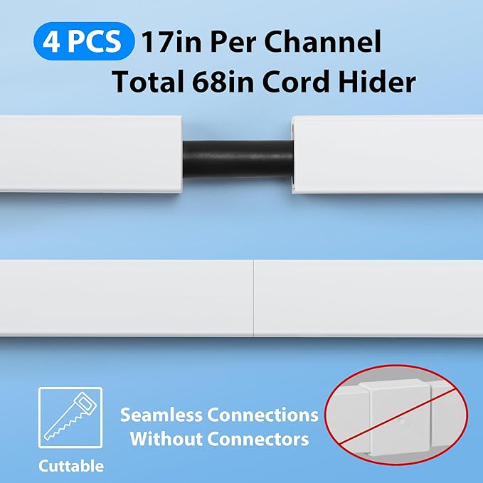 Cord Hider Wall for One Cord 68in (4X L17in), ZhiYo Cord Covers for Wires on Wall, Easy Install Cable Cover Wall, Black Cable Raceway Hide Cords, Cable Hider Cord Management Wall, W0.6in H0.4in