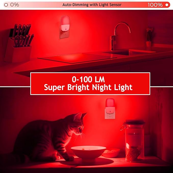 670nm Red Light Night Light for Sleep Therapy, 2 Pack Auto On/Off Dimmable Night Light with Dusk to Dawn Sensor, LED Night Lights Plug into Wall Promote Melatonin Natural Sleep for Baby Kid Adult Room
