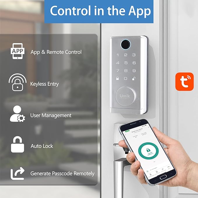 UMIK UMIKSMART Fingerprint Door Lock with Handle Set, Keyless Entry Smart Door Lock, Electronic Keypad Deadbolt Locks, App Control for Front Door, Home (Matte Silver in Zinc)