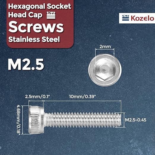 Kozelo 50pcs Socket Head Cap Screws - [M2.5-0.45 x 10mm] 304 Stainless Steel Allen Socket Drive for Electrical Motor 3D Printing Fan Engine Replacement Use, Silver