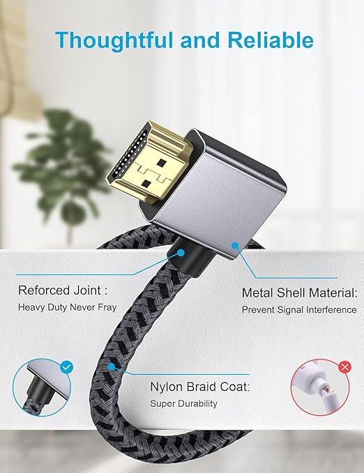 XAOSUN Right Angle HDMI 2.0 Cable 3.3 Feet, Strong Anti-Interference, 18Gbps High Speed Support 4K@60Hz,3D 1080P,HDR,ARC,90 Degree HDMI Cable for MacBook pro 2023,Monitor,ps4/5,Xbox,Fire TV and More