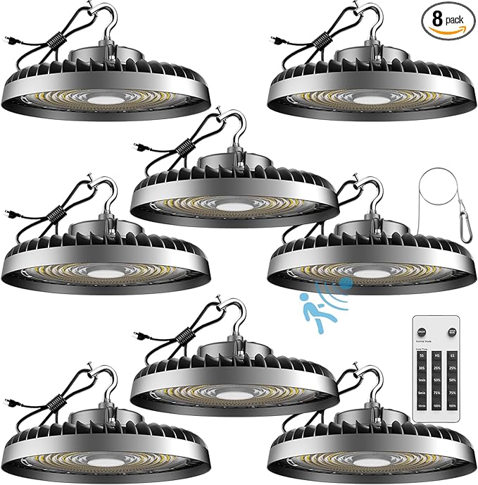 Lightdot 8Pack Smart 250W High Bay LED Shop Lights 37,500LM High Bay Lights with Control (Normal Mode & Motion Sensor Mode) ETL-Listed Plug & Play for 30-40FT Height Warehouse-6Yrs Warranty