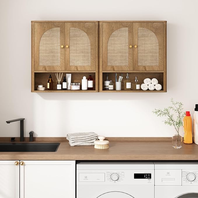 RUSTOWN Rattan Bathroom Wall Cabinet, Over The Toilet Storage Cabinets with 2 Arched Doors, Modern Medicine Cabinet with Adjustable Shelf & Rounded Edges, Mid-Century Bathroom Organization