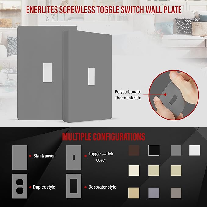 ENERLITES Screwless Toggle Switch Wall Plate, Child Safe Light Switch Cover, Standard Size 1-Gang 4.68" x 2.93", Unbreakable Polycarbonate Thermoplastic, UL Listed, SI8811-GY, Glossy, Gray