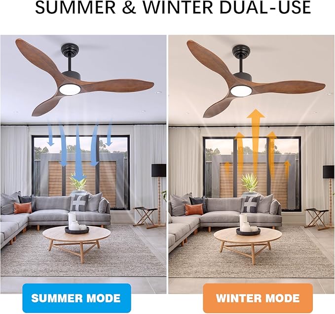 revoici 52 Inch Brown Wood Ceiling Fan with Light and Remote, 6 Speed and Reversible DC Motor, 3 Blade Low Profile Flush Mount Mordern Wood Ceiling Fans for Living Room Bedroom Outdoor Patio