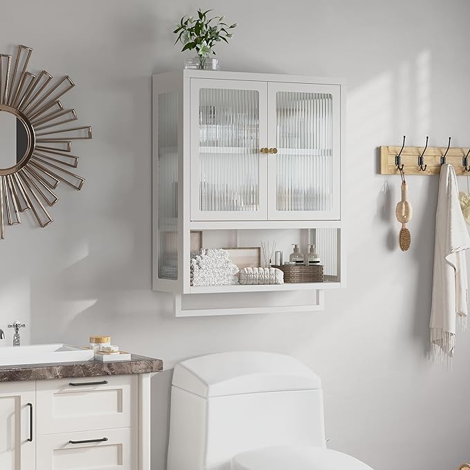 Bathroom Wall Cabinet with 2 Glass Door, Bathroom Medicine Cabinet with Towels Bar and Shelves, Over The Toilet Storage Cabinet, Metal Wall Mounted Cabinet for Kitchen (Upgraded White)