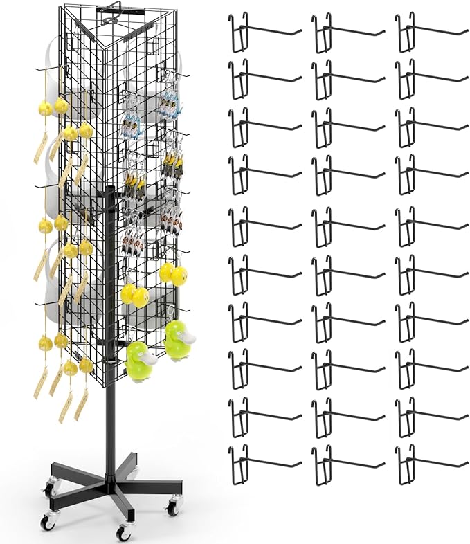Grid Wall Panels Display Stand - 16”*63.3” Triangular Display Racks with 30 Hooks for Vendor Events , 360° Rotating Art Display Panels Heavy Duty Floor Standing Movable Retail Display Organization