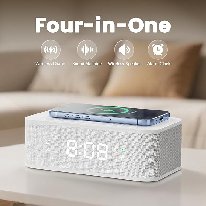 Fansbe Direct Digital Alarm Clock White Noise, Loud Digital Alarm Clocks Bedrooms, Alarm Clock Speaker Wireless Charger AUX USB Bluetooth Speaker 12/24H Dual Alarm Snooze Adjustable Brightness, White