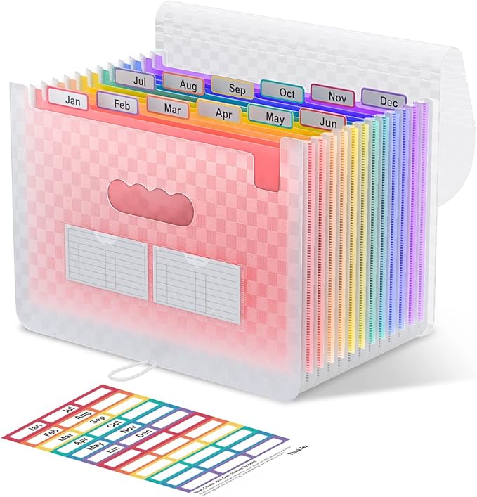 ThinkTex Accordion File Organizer, 12 - Pocket Expanding File Folders for Paper Receipts, Bills & Taxes Organizer, Letter/A4 Size Document Holder for School, Office, Home with Colorful tabs- Pink