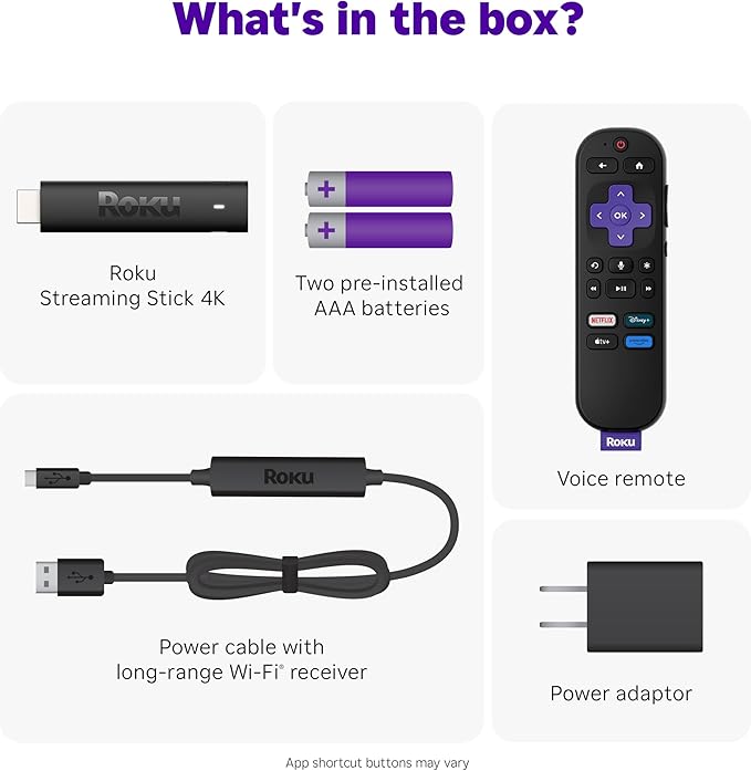 Roku Streaming Stick 4K - HDR & Dolby Vision Roku Streaming Device for TV with Voice Remote & Long-Range Wi-Fi - Free & Live TV