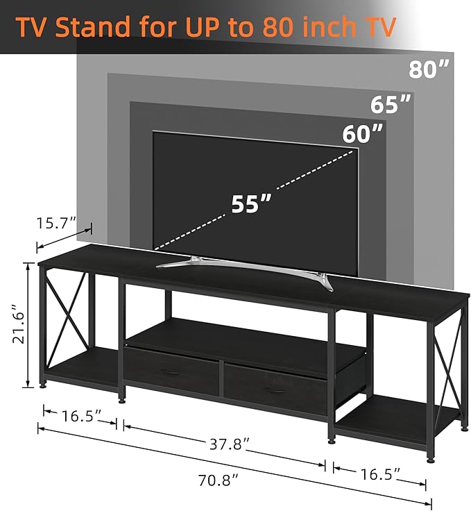 GYIIYUO TV Stand with Fabric Drawers for 75 80 Inches TV - Entertainment Center and Industrial TV Console Table with Open Storage Shelves for Living Room, Bedroom- 71.5" Black