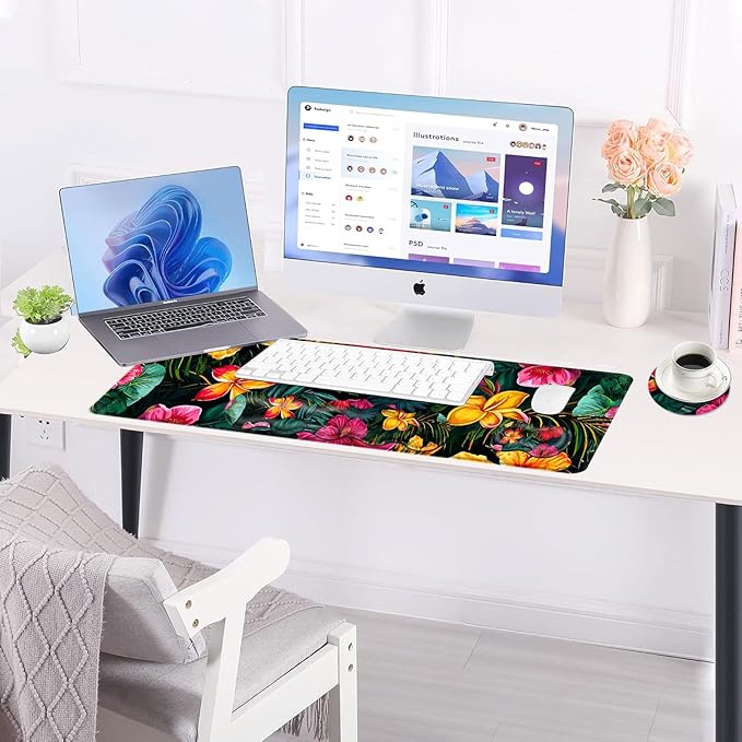 BFUKVOU Large Keyboard Mouse Pad Set, Extended Mouse Pad+Keyboard Wrist Rest Support, Memory Foam Ergonomic Easy Typing, 4Pcs (31.5×11.8 in) Desk Pad Set for Office Home,Vibrant Tropical Flower