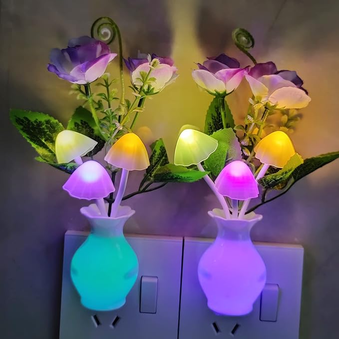 AUSAYE 4 Pack Plug in LED Night Light Sensor Rose Light, Energy Saving Lamp Dream Nightlight Rose Flower Mushroom Night Lights for Kids Adults Bedroom,Bathroom,Stairs,Kitchen,Hallway