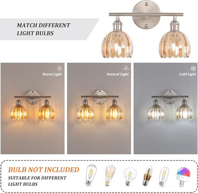 Shenmoyl Bathroom Light Fixtures, 2-Light Vanity Wall Light Over Mirror with Amber Tulip Glass Shade for Bedroom Living Room (Bulb Not Included), Satin Nickel