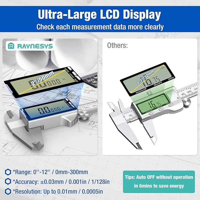 Raynesys Digital Caliper 12 Inch with Large LCD Screen, Inch/MM/Fraction Conversion, 300mm Micrometer Caliper All Stainless Steel Diameter Measuring Tool for Jewelers/Woodworkers/DIY