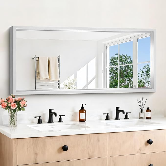 Silver Bathroom Mirror, 28x60 Inch Brushed Silver Rectangle Mirror for Wall, 0.6" Thickened Deep Frame Mirrors for Over Sink, Shatterproof Tempered Glass, Antirust, Horizontally or Vertically