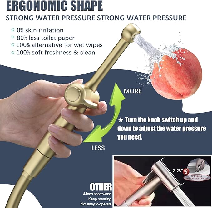 SonTiy Handheld Bidet Toilet Sprayer, Brass Cloth Diaper Sprayer Hand Held Bidet Attachment Jet Spray for Toilet with Backflow Preventer, 59" PVC Shower Hose and Shut Off Valve, Brushed Gold