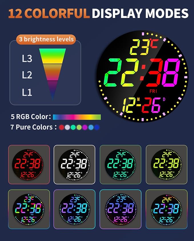GLOKUUCA 12" Large Digital Wall Mount Clock, Count Down Timer, Alarm, Big LED, 12 RGB Color, Temperature for Living Room Classroom Desk, Xmas, Birthday Gift for Senior Mom Dad (Round)