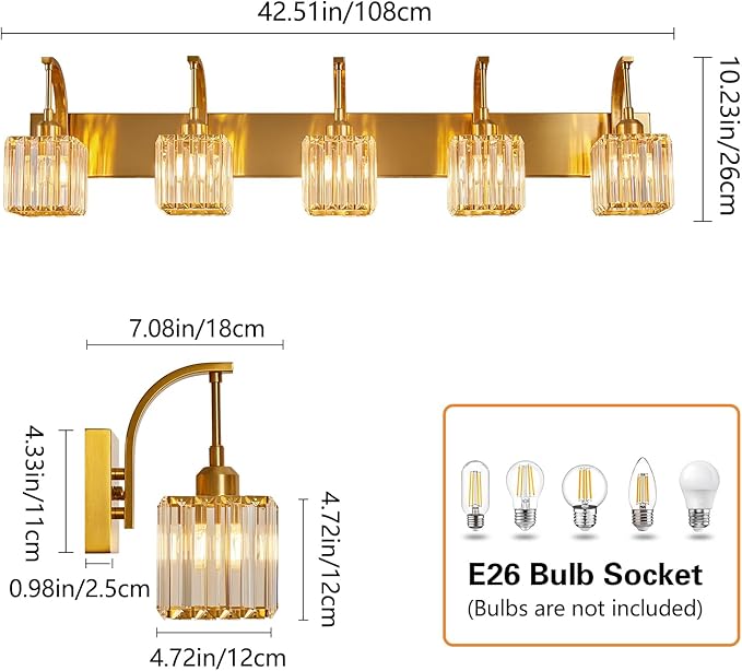 FDPBY 5-Light Crystal Vanity Light, Modern Gold Bathroom Wall Sconce with K9 Crystal Shades, 42.51" Long Over Mirror Lighting for Vanity, Makeup, Hallway, Elegant & Easy Installation