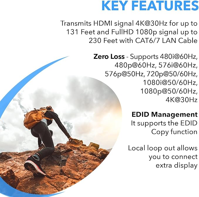 OREI 4K HDMI Over Ethernet CAT6/CAT7 Extender, Extender RJ45 4K@30Hz Upto 130 Ft 1080P Upto 230 FT Full HD POC Transmitter & Receiver IR Loop Out (EX-230C)