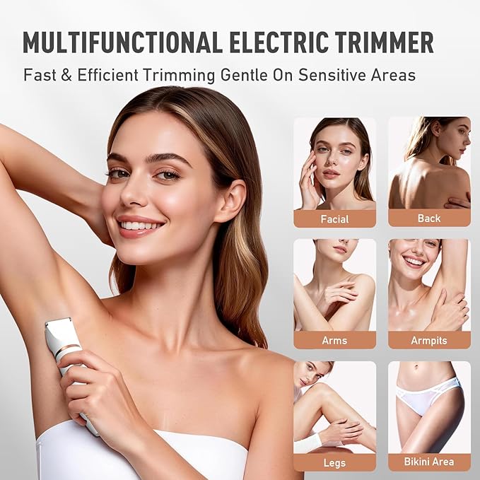 Crolanli Bikini Trimmer for Women, 3-in-1 Electric Razors for Women, IPX7 Waterproof Rechargeable Cordless Pubic Hair Shaver, with LED Display, for Ladies Bikini Pubic, Face, Underarms, Legs(White)