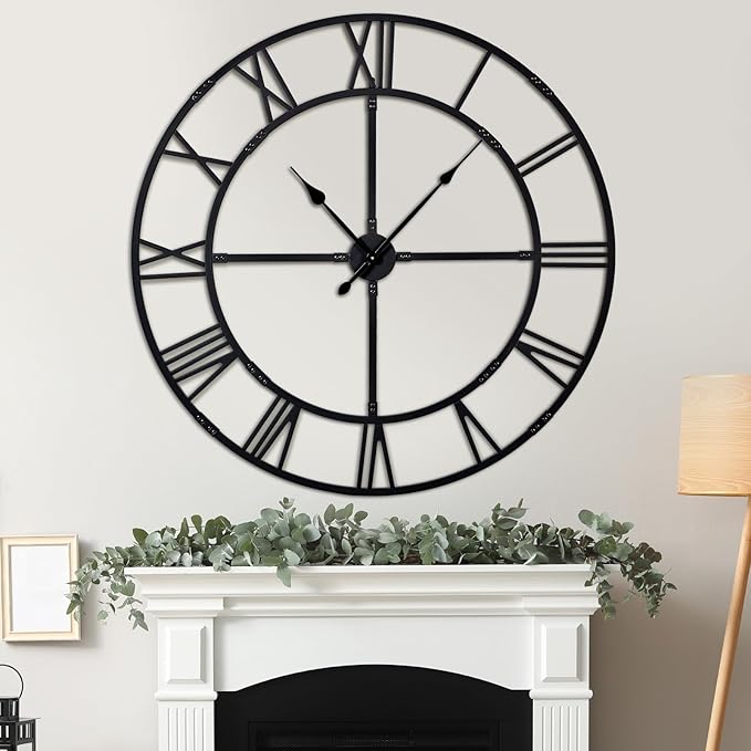 Ohweog Oversized 48 inch Wall Clock for Living Room Decor – Extra Large Silent Non-Ticking Modern Farmhouse Wall Clock, Decorative Metal Roman Numeral Clock, Black