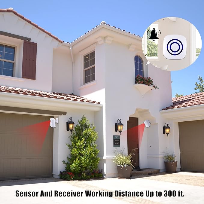 BESTOONE Motion Sensor Alarm, Long Range Wireless Driveway Alarm, Indoor Home Security System Electric Doorbells, 2 Motion Detector and 1 Alarm, 38 Chime Tunes, LED Indicator