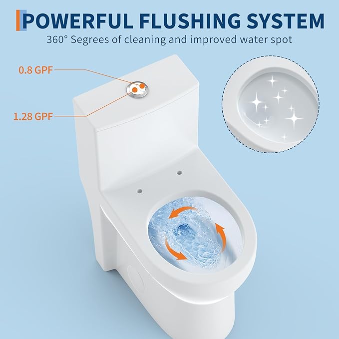 One Piece Toilet with 19" ADA Height, Round Bowl Design, Soft Closing PP Toilet Cover, Easy Clean Surface, Water Efficient Flush