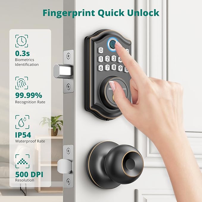 AkaGear DS10 Keyless Entry Door Lock with Door Knob, Fingerprint Door Lock, Electronic Keypad Deadbolt, Smart Door Lock, Smart Locks for Front Door, Auto-Lock - Oil Rubbed Bronze