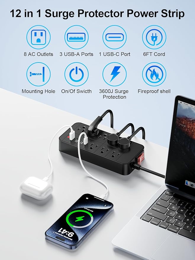 Otovoda Surge Protector Power Strip, 6 Ft Extension Cord with Multiple Outlets & 4 USB Ports (1 USB C PD20W), Multi Plug Extension Outlet Perfer for Home Office Workspace Bedroom, 3600 Joules, Black
