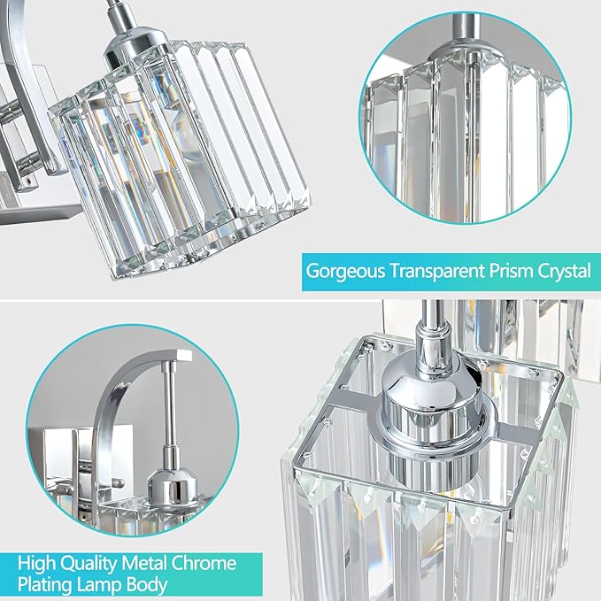 FDPBY Crystal Vanity Lights 4-Light Chrome Bathroom Vanity Lights Modern Crystal Bathroom Light Fixtures Over Mirror 32.67" Long Vanity Light for Bathroom