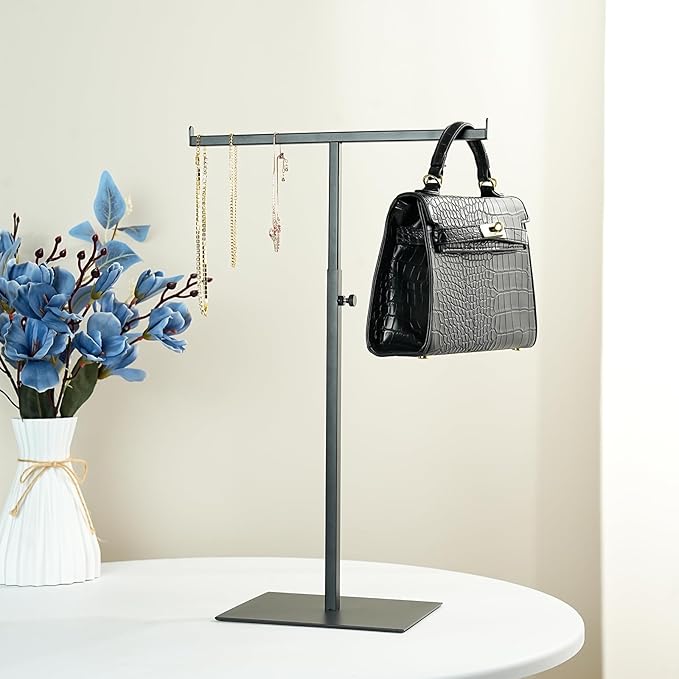 Purse Display Stand Jewelry Towers - 2 Pack Purse Stand Handbag Bag Display Black Tabletop Stainless Steel Hook Hanging Jewelry Stands for Necklaces Organizer Adjustable Height Home Store Boutique