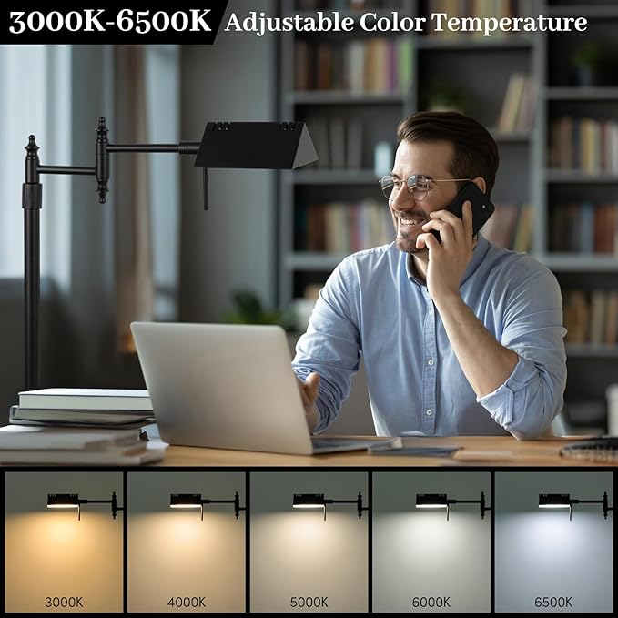 Bairth Dimmable Pharmacy Floor Lamp with Remote, 17W LED Reading Floor Lamp with 360°Swing Arm, 3 Color Temperature, Height Adjustable Black Standing Task Lamp for Living Room, Bedroom, Black
