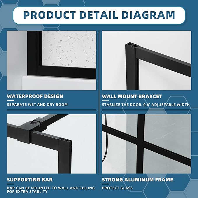 Goodyo 34" x 72" Shower Door Tempered Glass Shower Screen with Tool Bar Towel Rack for Walk in Bathroom 3-Grid Style