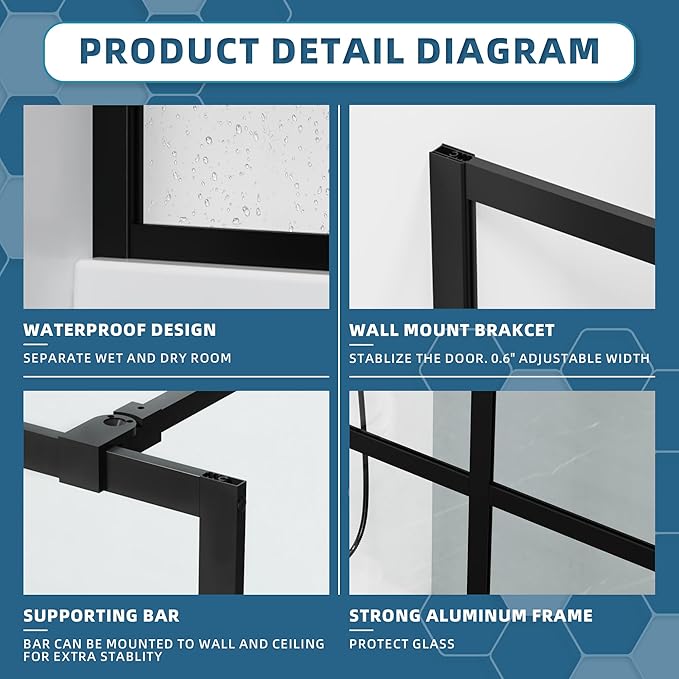 Goodyo 34“ x 72" Shower Door Tempered Glass Shower Screen with Tool Bar Towel Rack for Walk in Bathroom