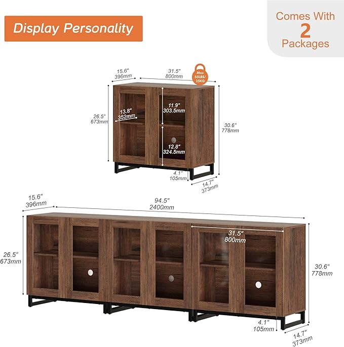 WAMPAT Modern TV Stand with Glass Doors for 110 inch TVs, Farmhouse Entertainment Center TV Console with Adjustable Shelves for Living Room, Bedroom, Brown