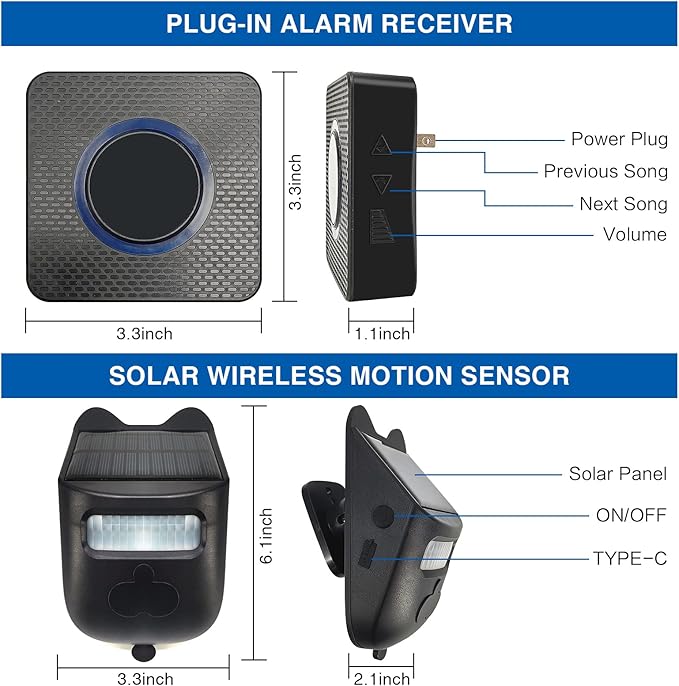Solar Wireless Driveway Alarm Outdoor Weather-Resistant Motion Sensor Detector Doorbell Chime, DIY Security Alert System (1 Sensor & 2 Doorbell)