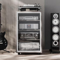 Media Storage Cabinet with Tempered Glass Door, 3 Adjustable Shelves Stereo Cabinet with Cable Management, AV Rack for Living Room/Gaming Setup/Home Studio Audio Rack (Grey)
